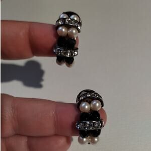 Vintage Black Bead Faux Pearl Rhinestones Silver Tone Half Hoop Clip-On Earrings